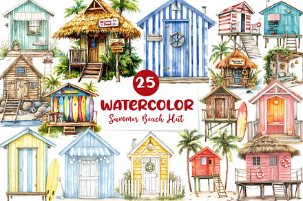 Watercolor Summer Cozy Beach Hut Cli, an Illustration by CreationArt