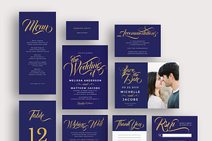 Modern gold blue calligraphy invites