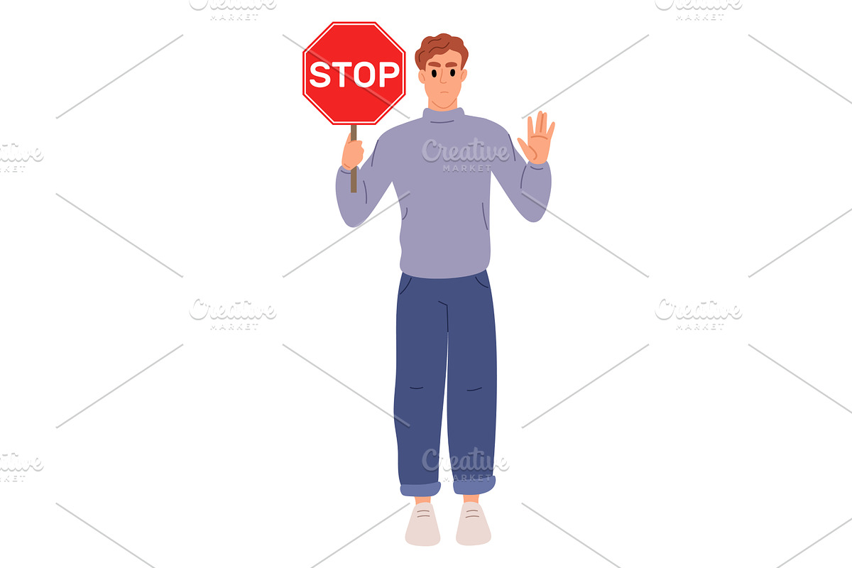 Young guy holds red stop sign in, an Object Illustration by Vectorbuum