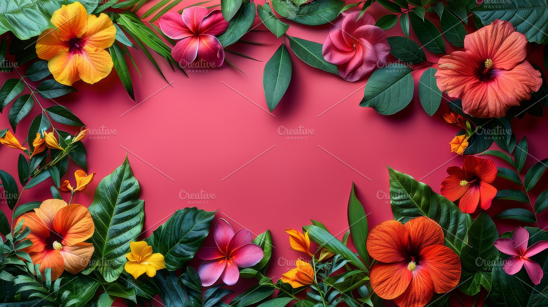 Vibrant Tropical Flowers and Lush Greenery on Pink Background, a Photo by AS photostudio