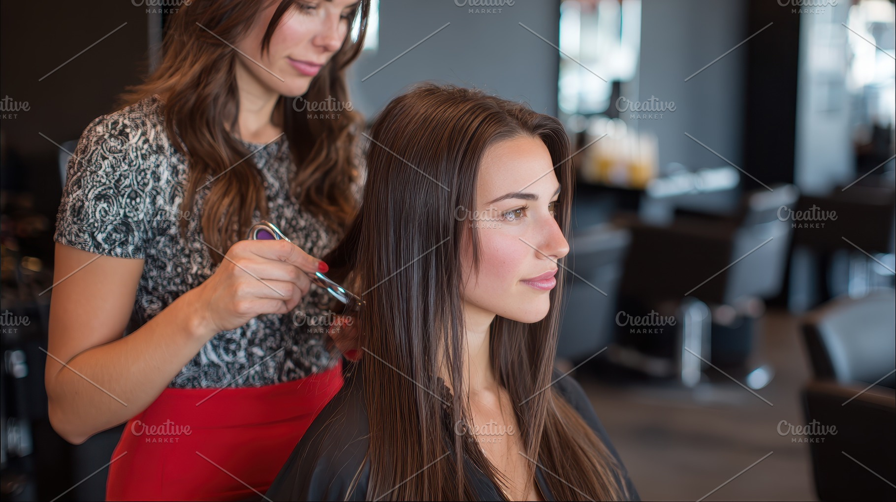 Hair stylist trimming long brown hai, a Photo by Pixeness Studio