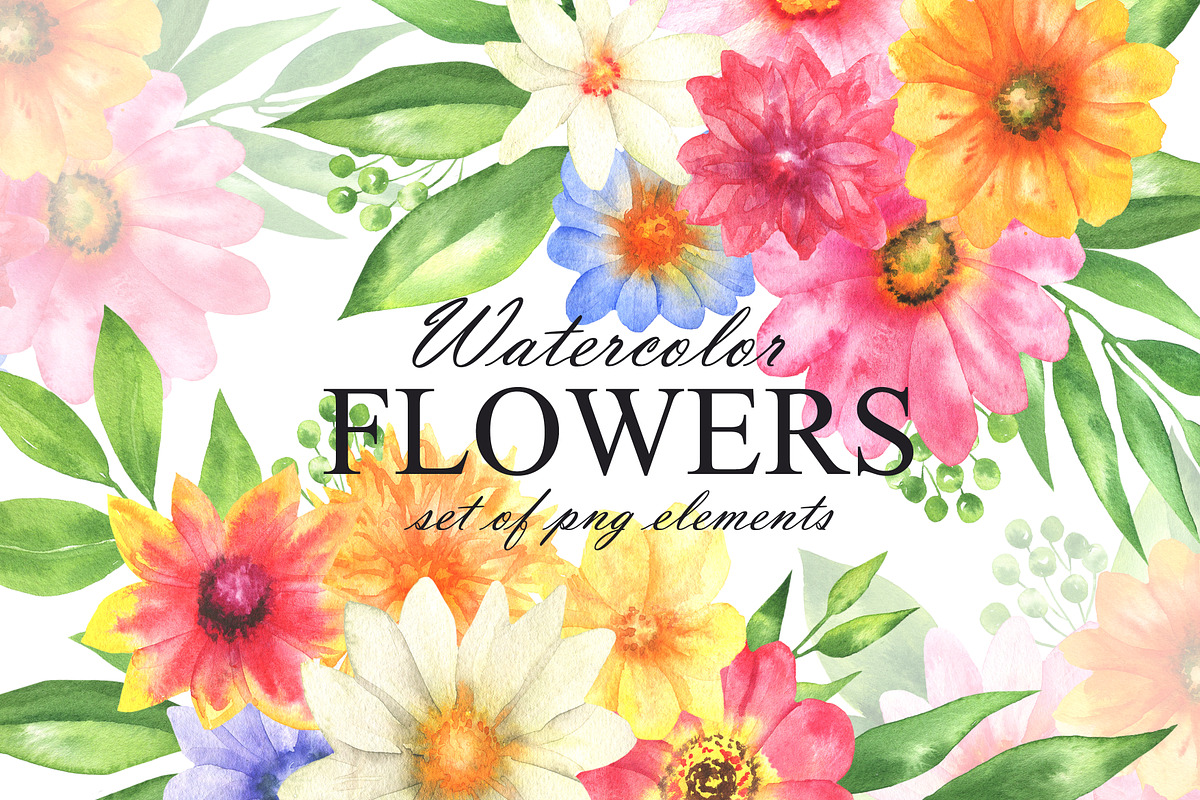 Watercolor colorful flowers clipart, an Illustration by OlDm_Shop (Photo 1 of 6)