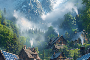 A picturesque mountain village with wooden cabins, solar panels, and lush green, a Transportation Photo by Textures & Backgrounds
