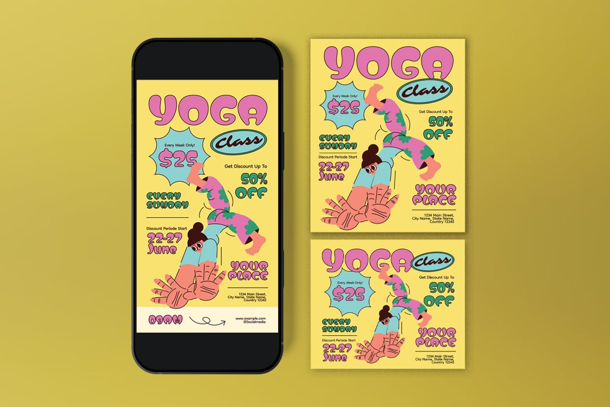 Yellow Quirky Yoga Class Flyer Set, a Flyer Template by graphicook (Photo 3 of 3)