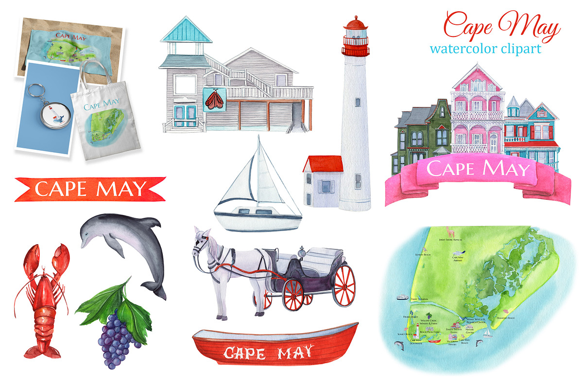 Cape May New Jersey watercolor clipa, an Object Illustration by s.yanyeva (Photo 3 of 4)