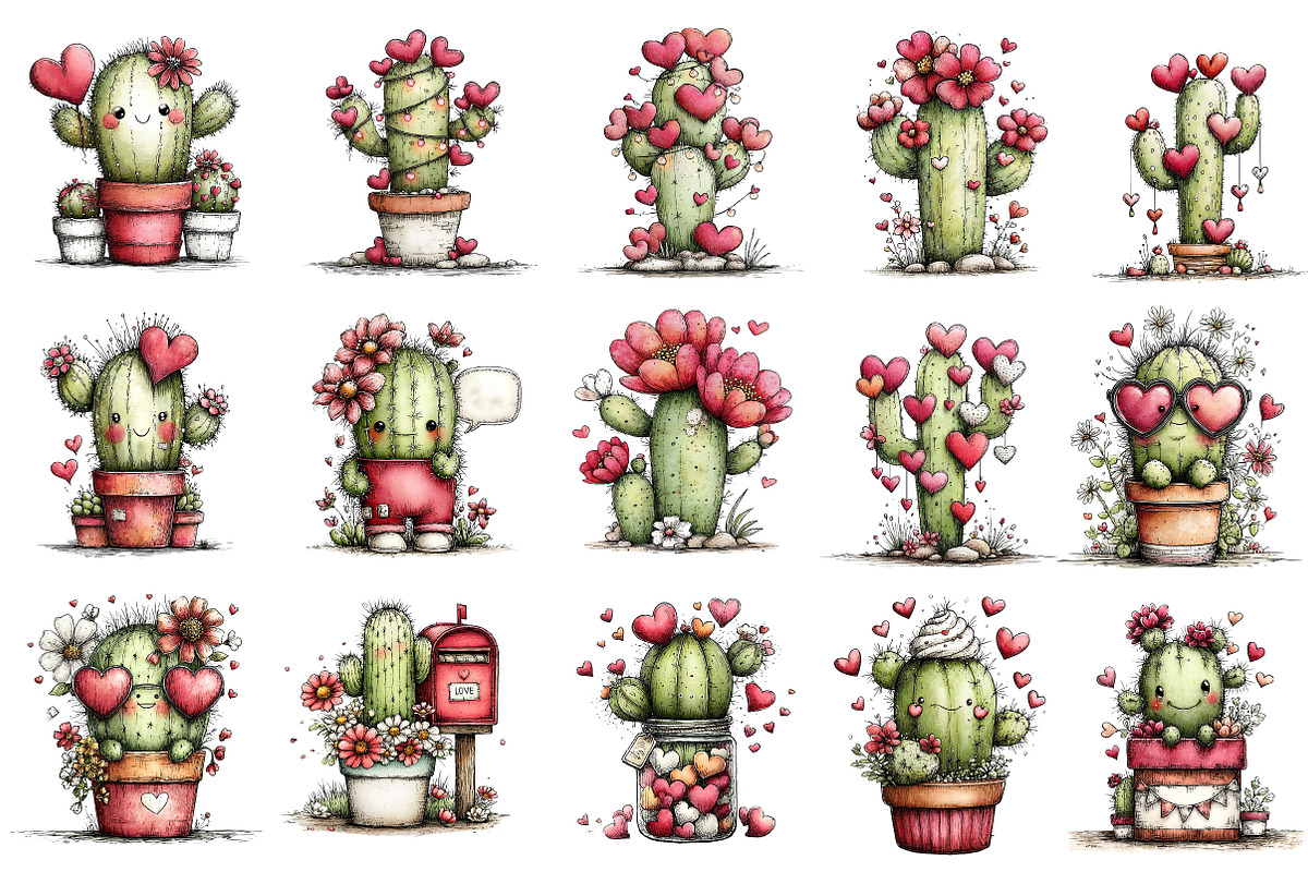 Whimsical Cactus Valentine's Clipart, an Illustration by Dream Creation (Photo 2 of 6)