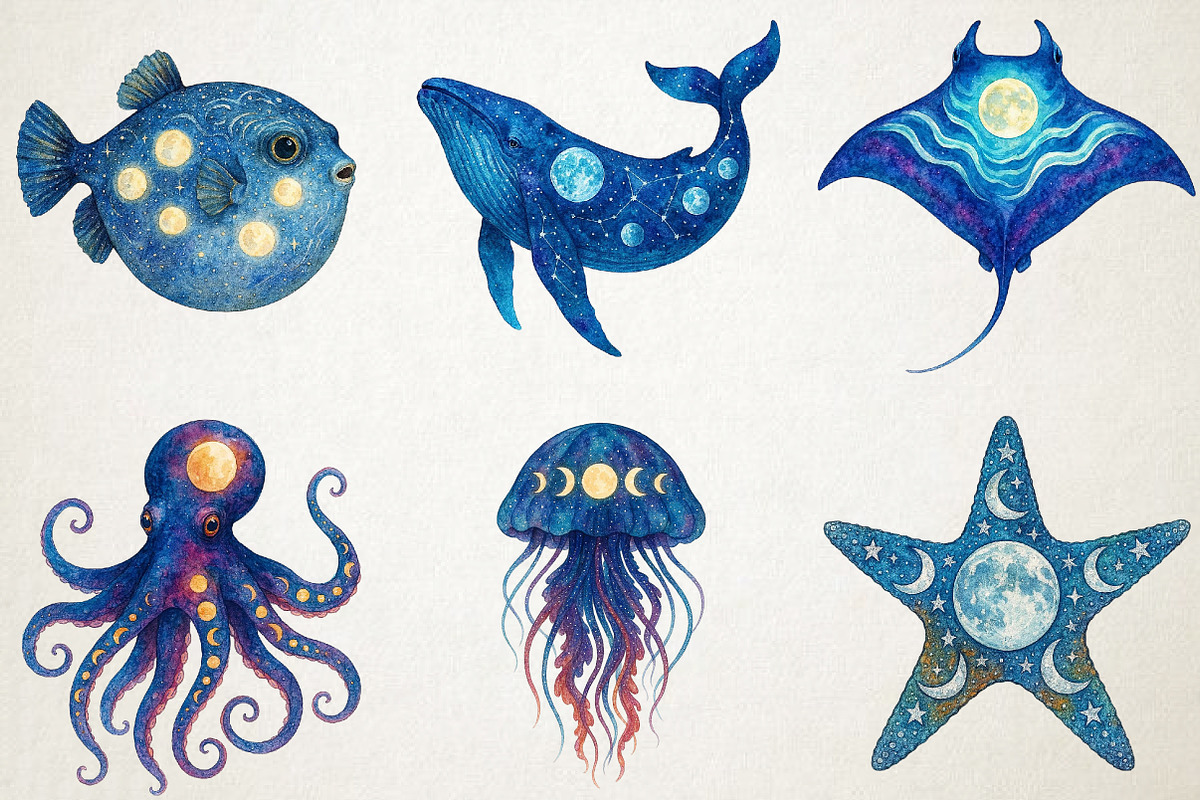 Watercolor Moonlit Ocean PNG Clipart, an Animal Illustration by RobertsArt (Photo 3 of 5)