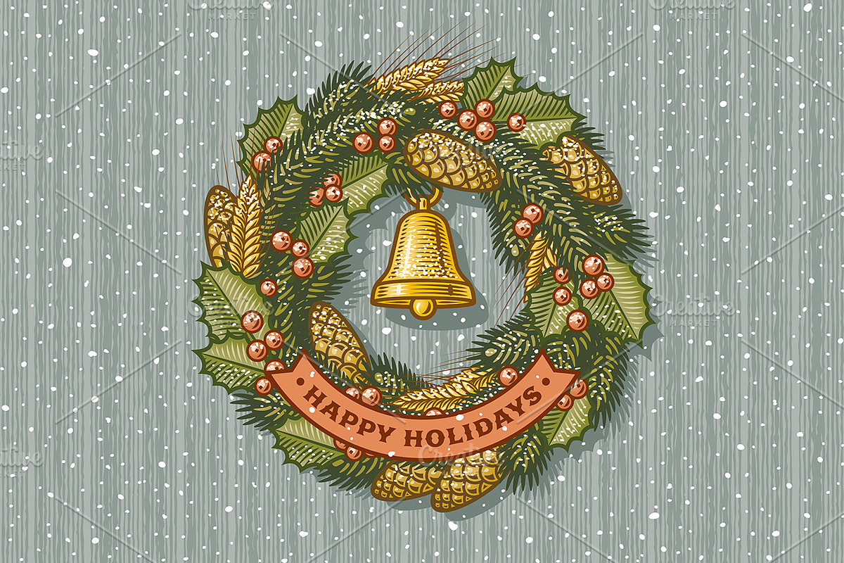 Retro Christmas Wreath, a Decorative Illustration by Retro Graphics