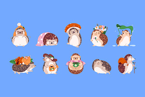 Cute funny hedgehogs set + patterns, an Animal Illustration by PaperTrident