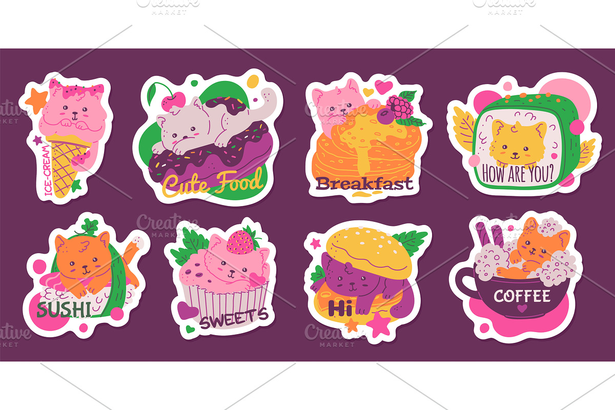 Cute cat in food stickers collection, an Animal Illustration by Sabelskaya