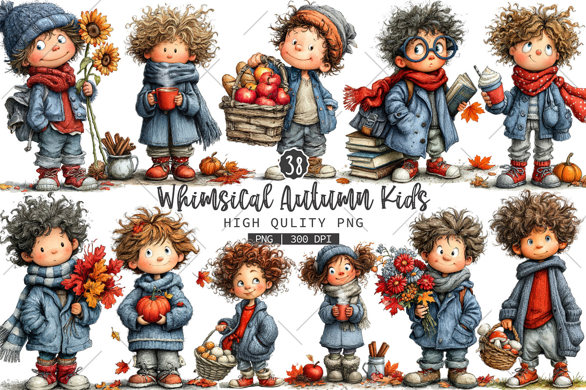 Whimsical Autumn Kids PNG Clipart, a Seasonal Illustration by OK Design (Photo 1 of 6)
