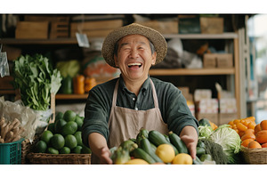 Asian senior farmer happily selling, a Nature Photo by Sergey Kotenev