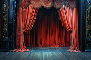 A stage set with red curtains drawn, a Photo by Iftikhar Alam