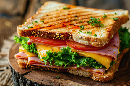 Toast sandwich with cheese, turkey ham, tomato and fresh lettuce on wooden back, a Food & Drink Photo by AlyaAnd