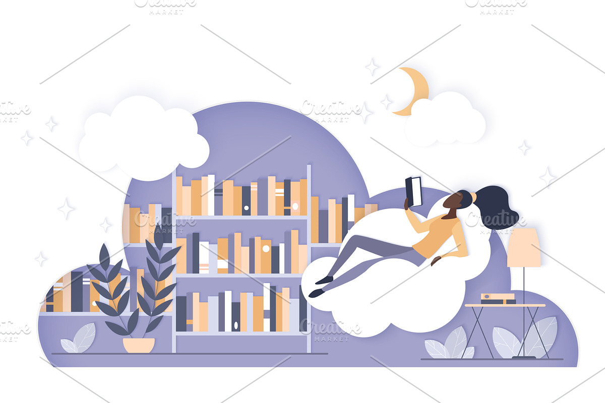 Woman reading book cloud library, an Education Illustration by Lemberg Vector