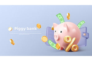 Pink 3d piggy bank with money, a Finance Illustration by art PVP - market