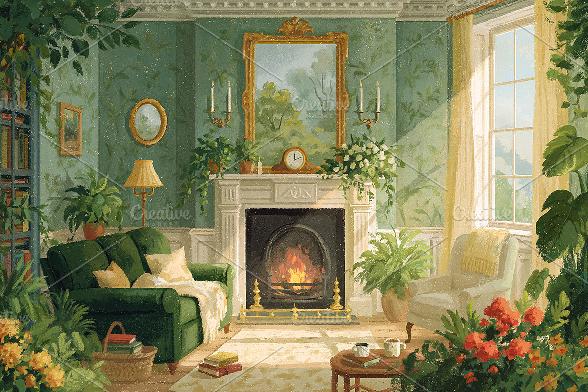 Living room filled with thriving green houseplants, a lit firepl, a Decorative Illustration by Studio ANNA