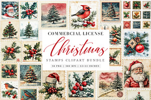 Vintage Christmas Stamps Png Bundle, an Illustration by SinaCreation