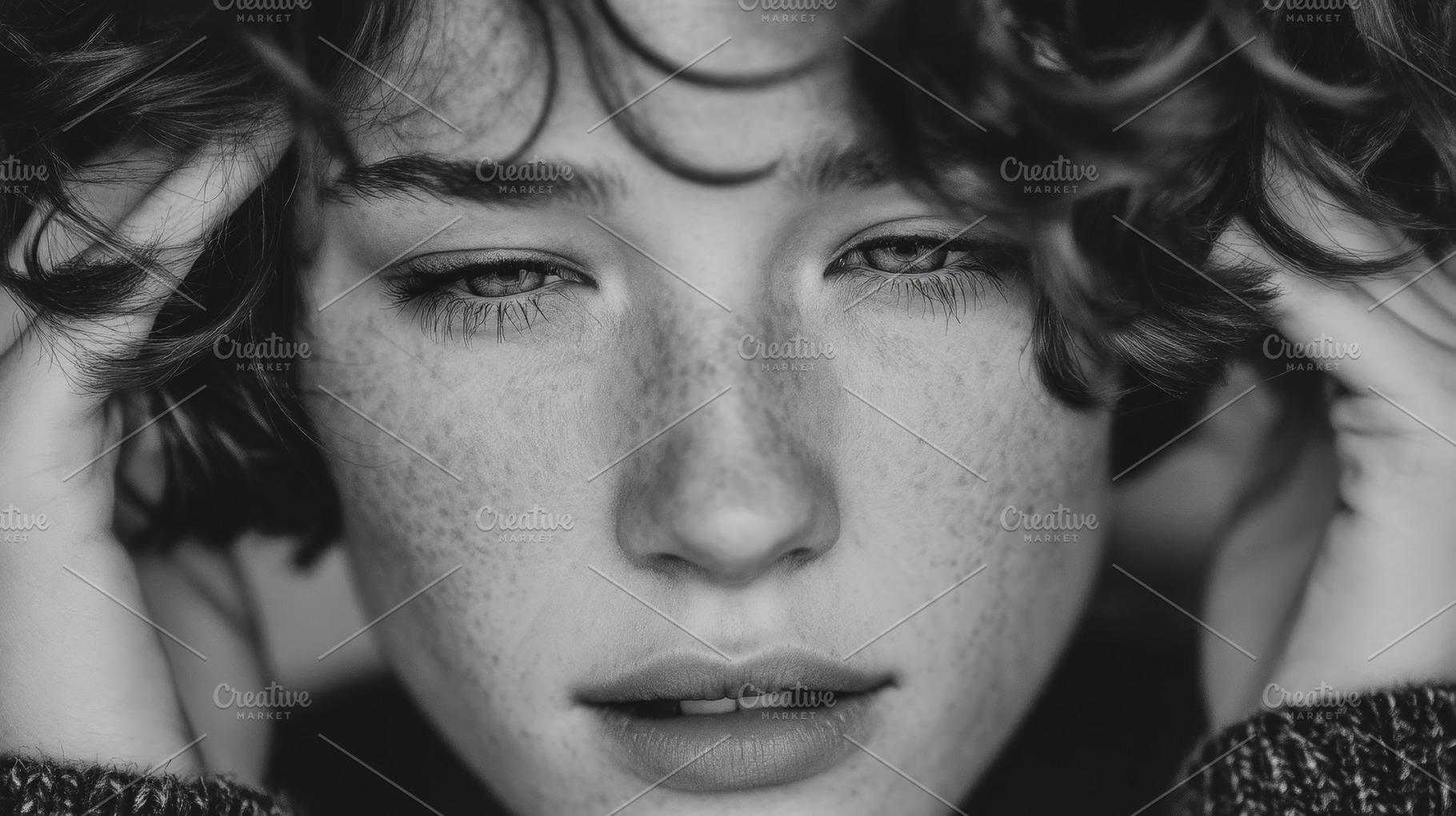 Black and white portrait of a young freckled woman with curly hair, a Photo by AS photostudio