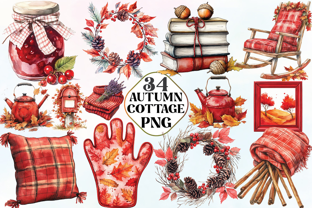 Watercolor Red Autumn Cottage PNG, an Illustration by CraftArtStudio (Photo 1 of 6)