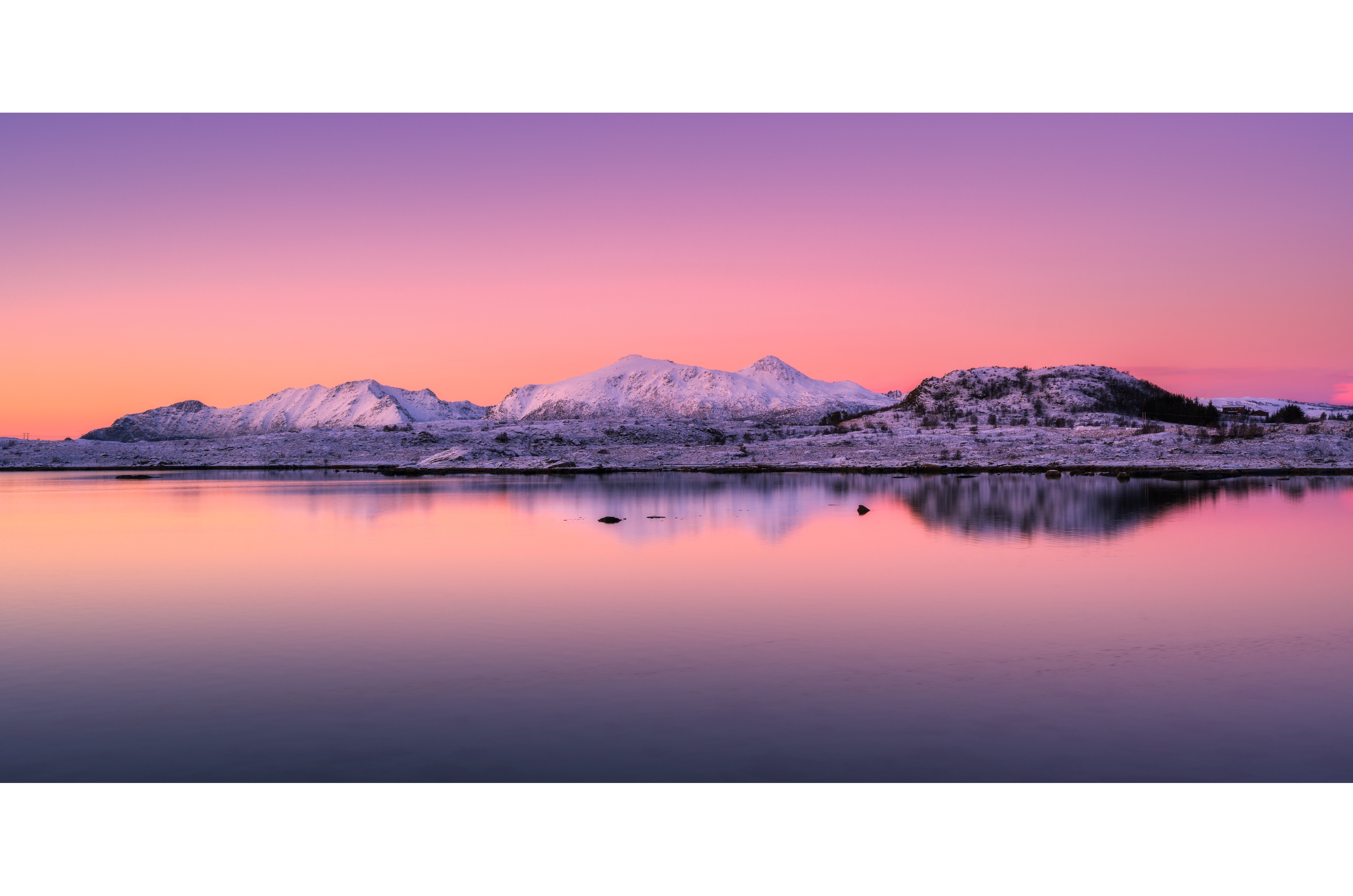 Snowy mountains, sea bay, reflection, a Nature Photo by denbelitsky