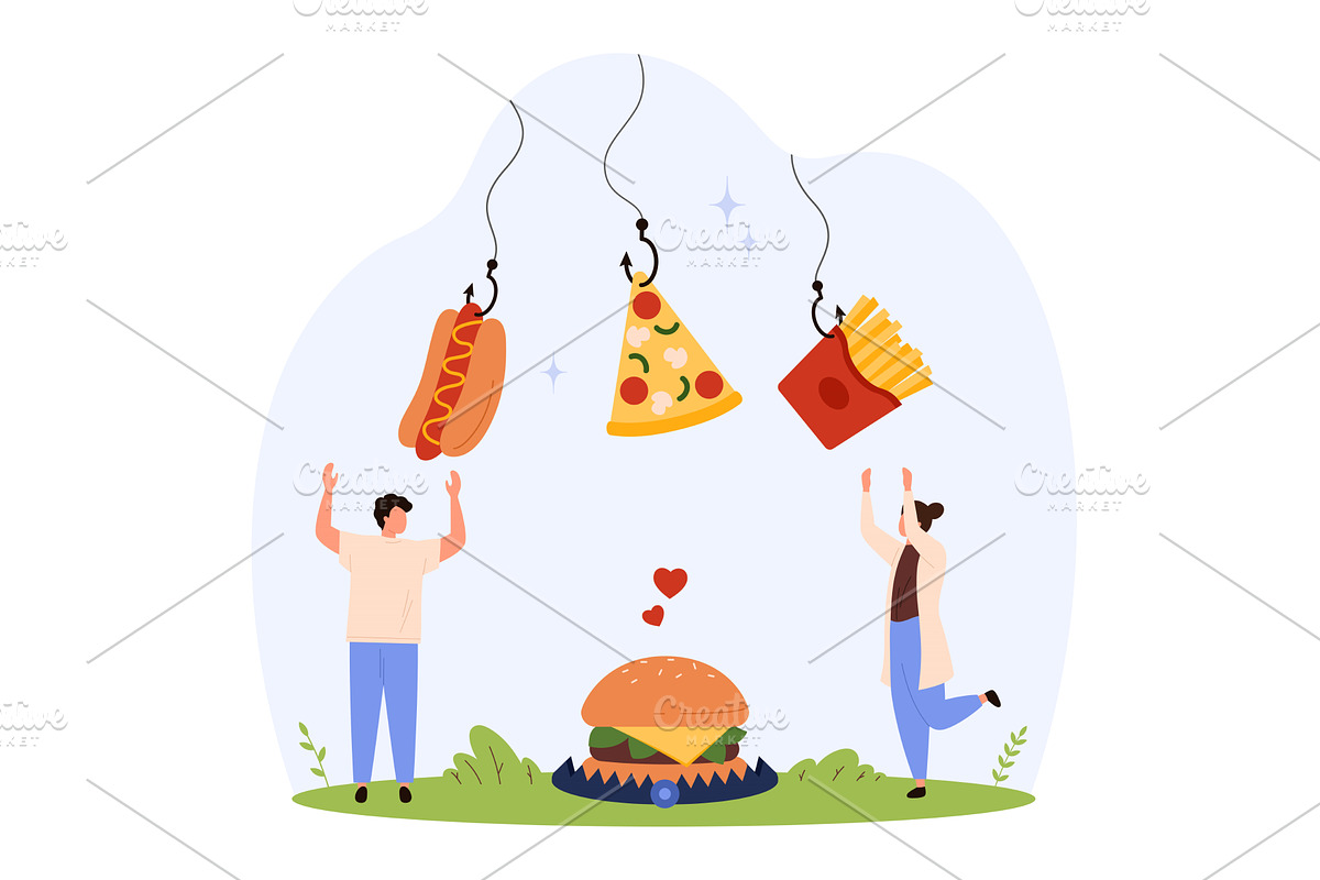 Tiny People Addicted to Junk Food, a Food Illustration by Flashvector