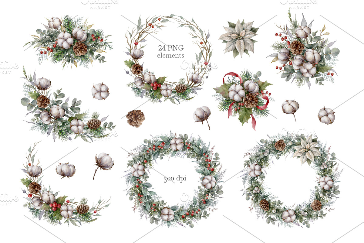 Christmas Cotton Watercolor Clipart., a Decorative Illustration by VetaDesign (Photo 2 of 7)