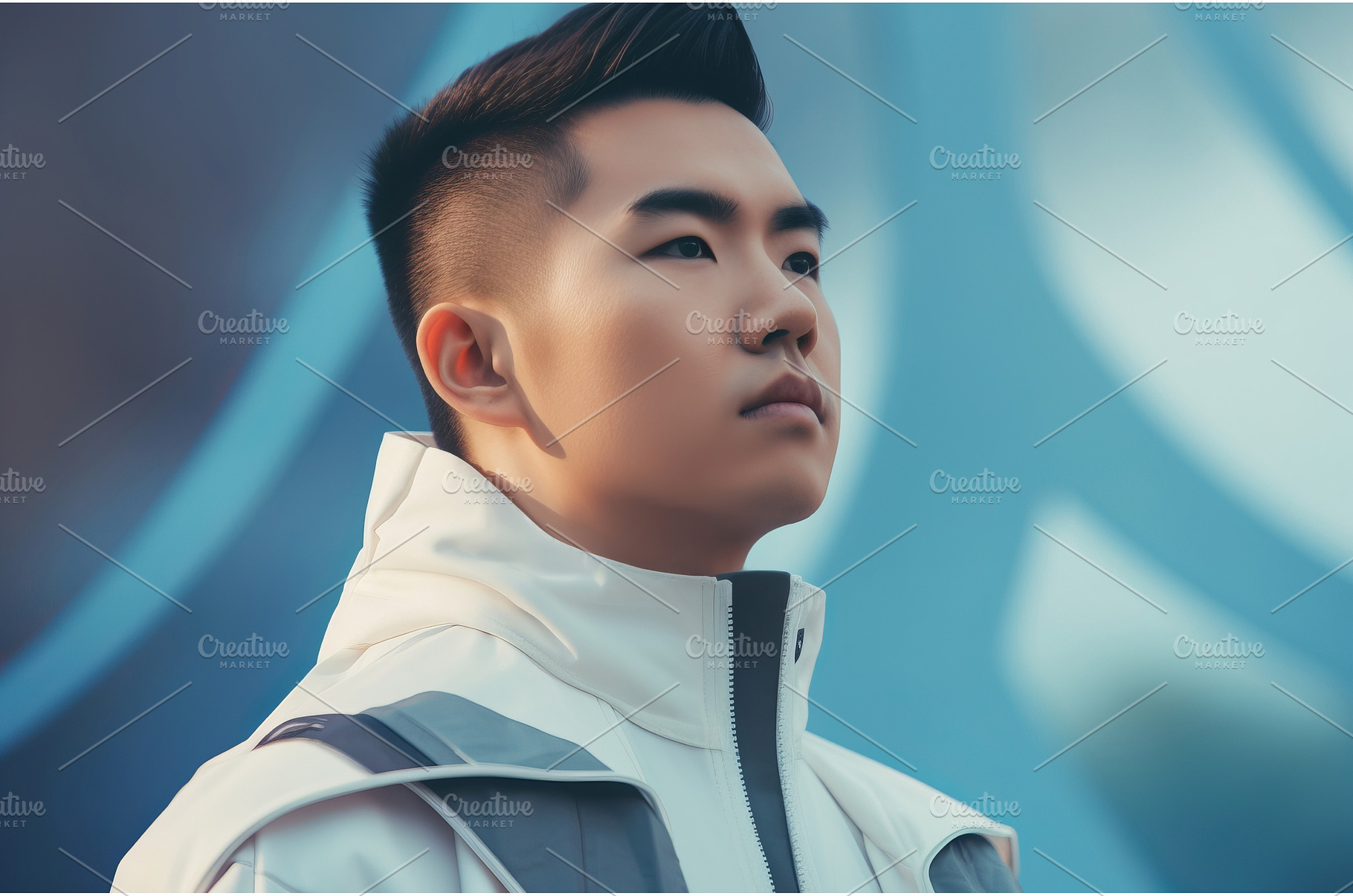 Handsome asian man on blue wall, a Person Photo by Ylivdesign