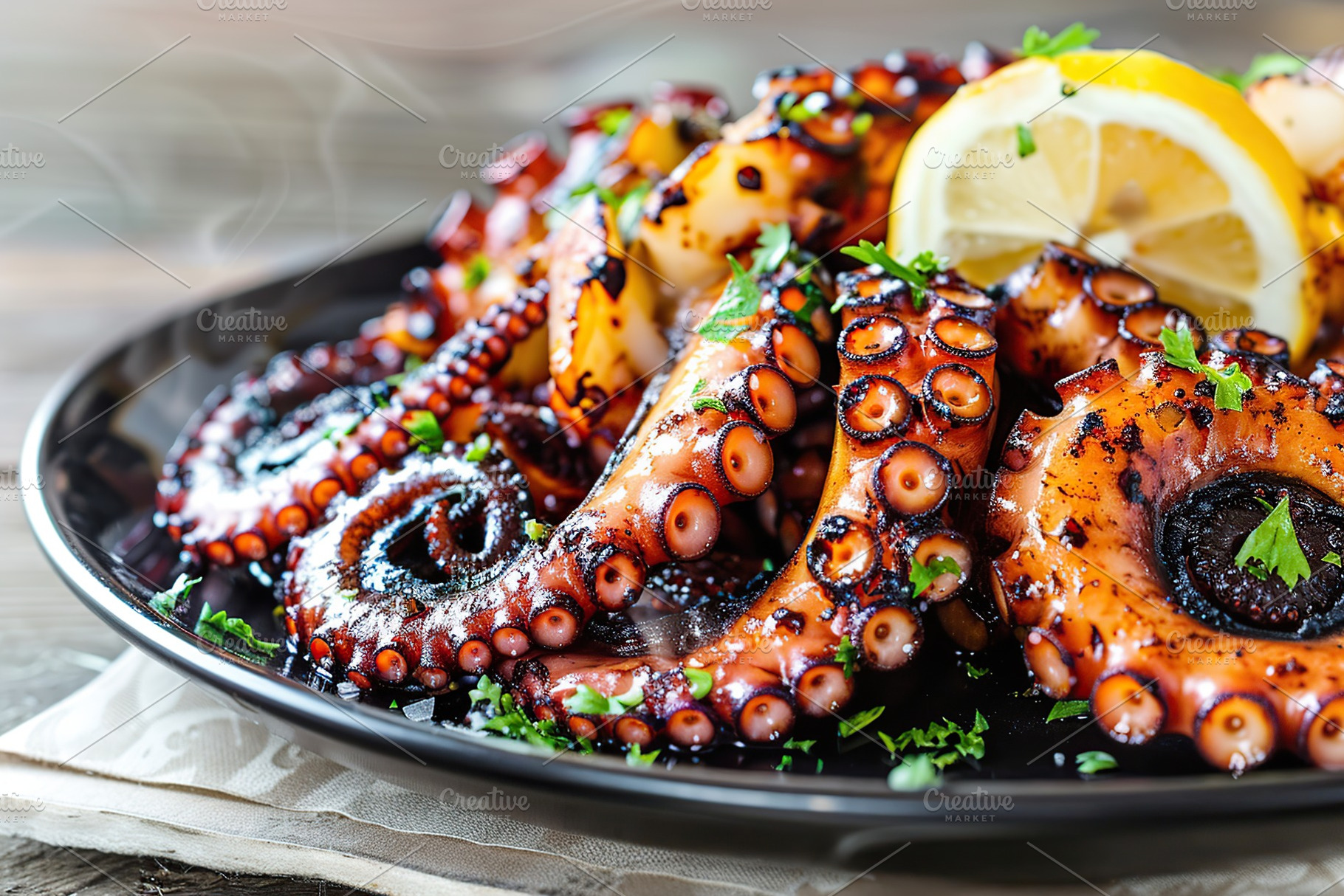 Grilled octopus leg in plate on wooden table, a Food & Drink Photo by AlyaAnd