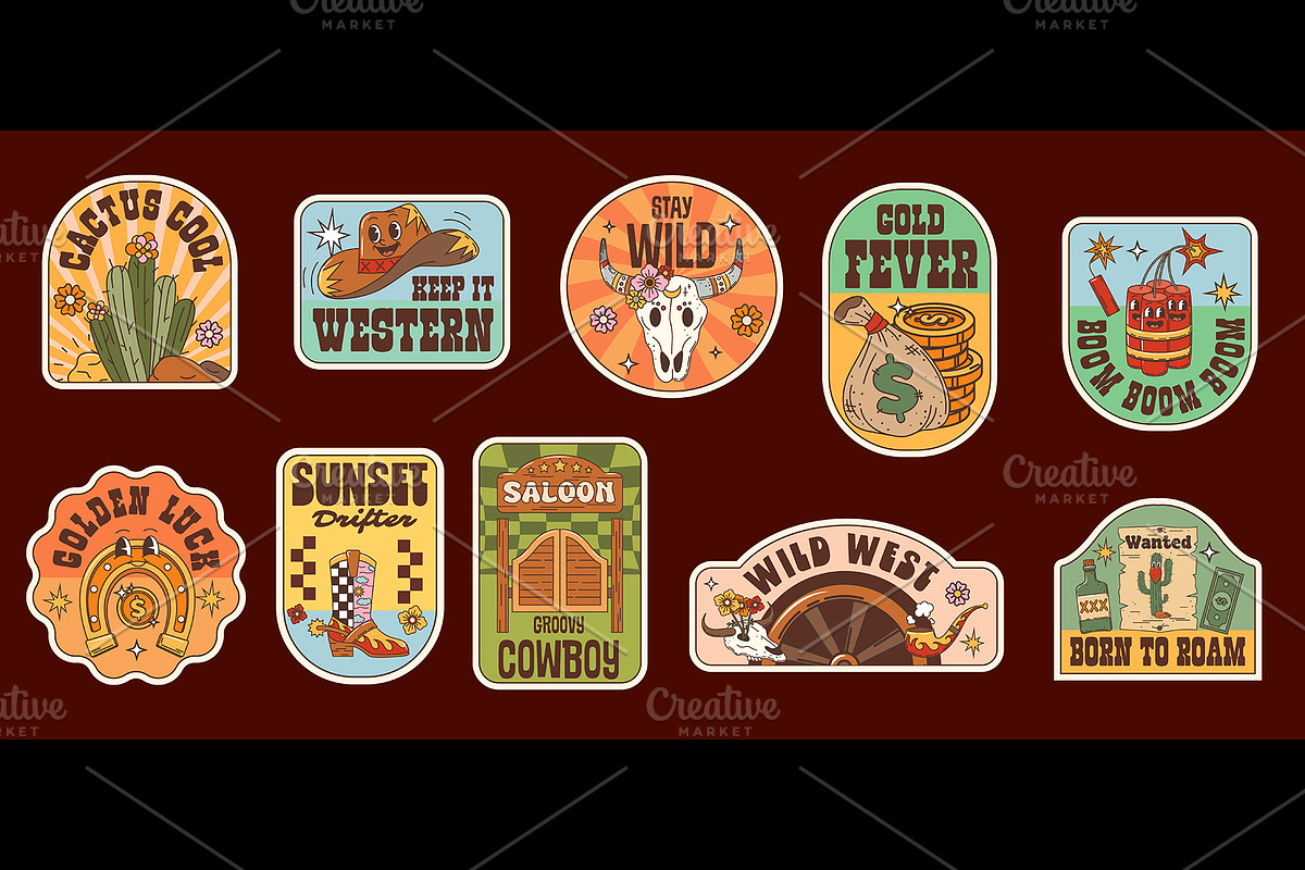Wild West groovy label stickers, an Object Illustration by Buch&Bee (Photo 1 of 3)