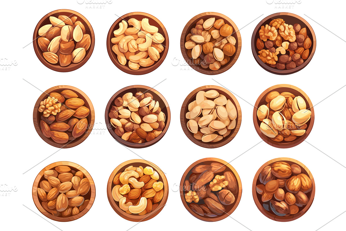Set of plates with cartoon nuts of, a Food Illustration by LadadikArt