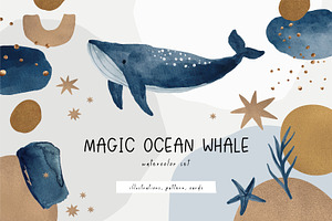 Magic ocean whales. Blue and gold