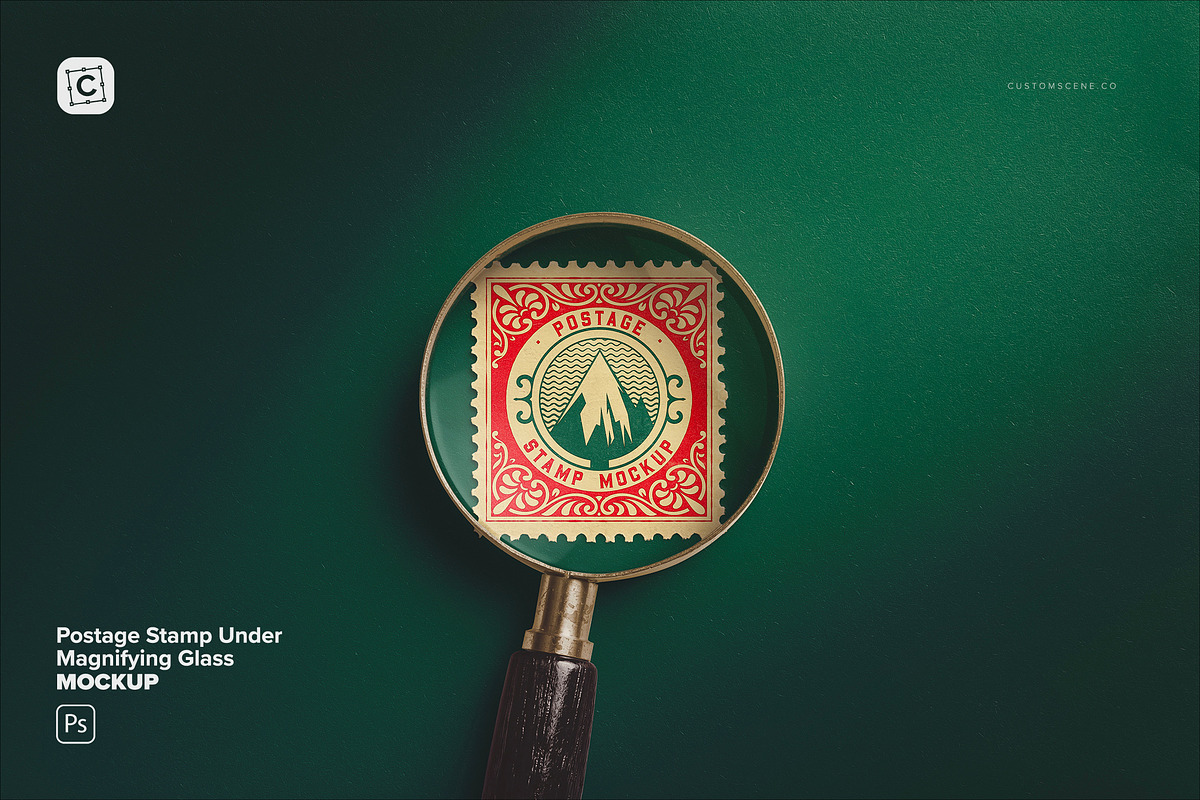 Postage Stamp Under Magnifying Glass, an Advertising Mockup by Custom Scene (Photo 1 of 11)