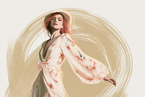 Woman wearing flowing floral dress and sun hat, capturing elegan, an Illustration by Studio ANNA