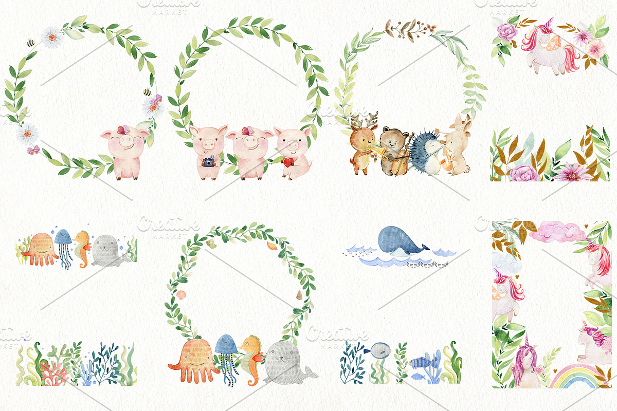 48 watercolor frames with animals., an Animal Illustration by TaPilipa (Photo 6 of 6)
