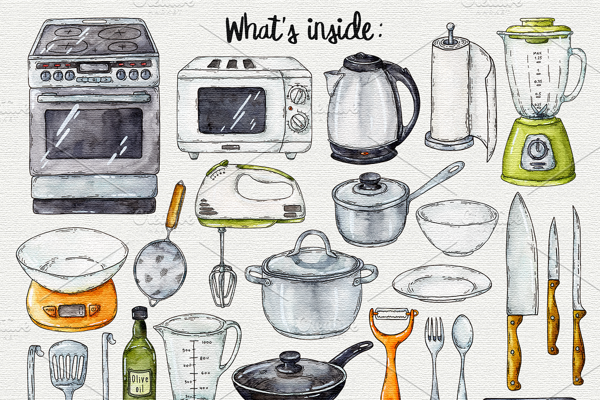 Cooking supplies watercolor clipart, an Object Graphic by Trinibis (Photo 2 of 5)