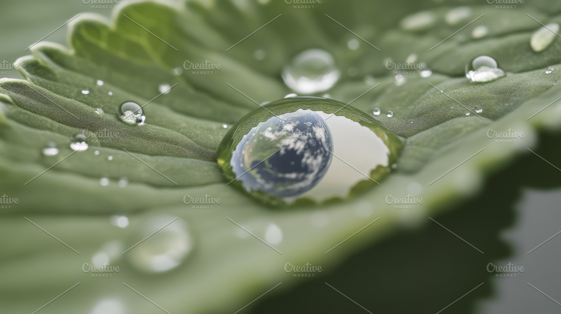 Earth Day concept with globe in Water droplet reflecting sky and, a Photo by Dvoevnore photos