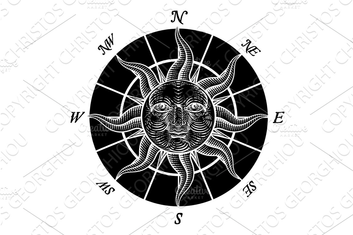 Compass Sun Face Etching Rose, an Illustration by Christos Georghiou