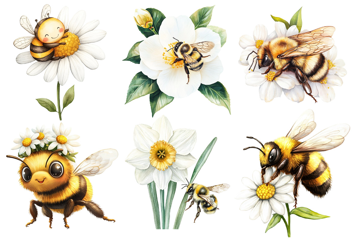 Cute Little Bees Watercolor Clipart, an Illustration by Designworld (Photo 2 of 6)