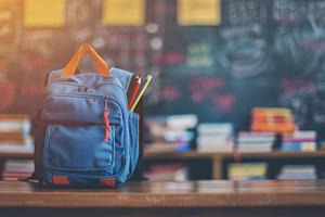 Modern school backpack on blurred classroom background. Back To School concept, a School & Education Photo by AlyaAnd