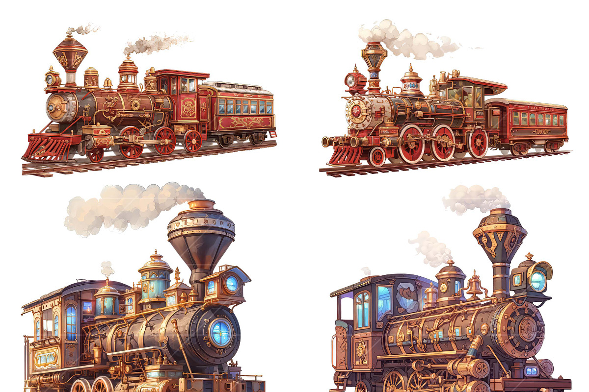 Watercolor Vector Steampunk Trains, a Transportation Illustration by Design Scotch (Photo 5 of 7)