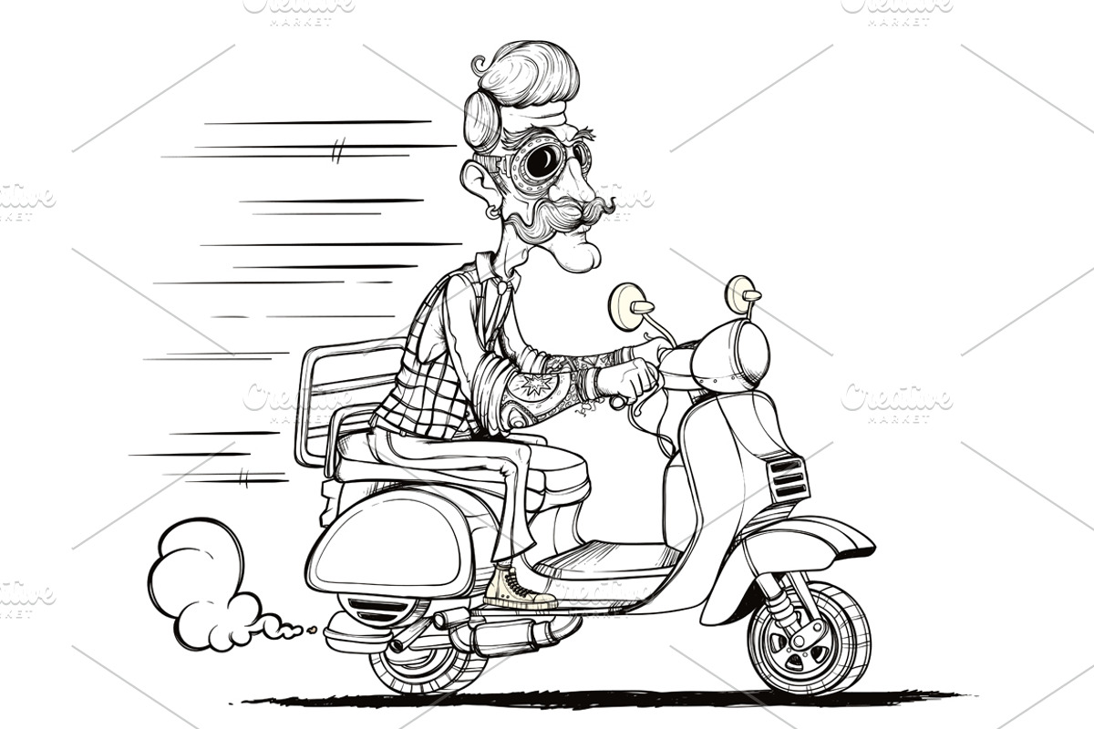 Hipster and Courier ride on scooter, a Food Illustration by yuanden graphics (Photo 2 of 4)