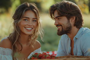 A joyful couple enjoying a sunny picnic, laughing together and surrounded by fr, a Person Photo by ImageMir