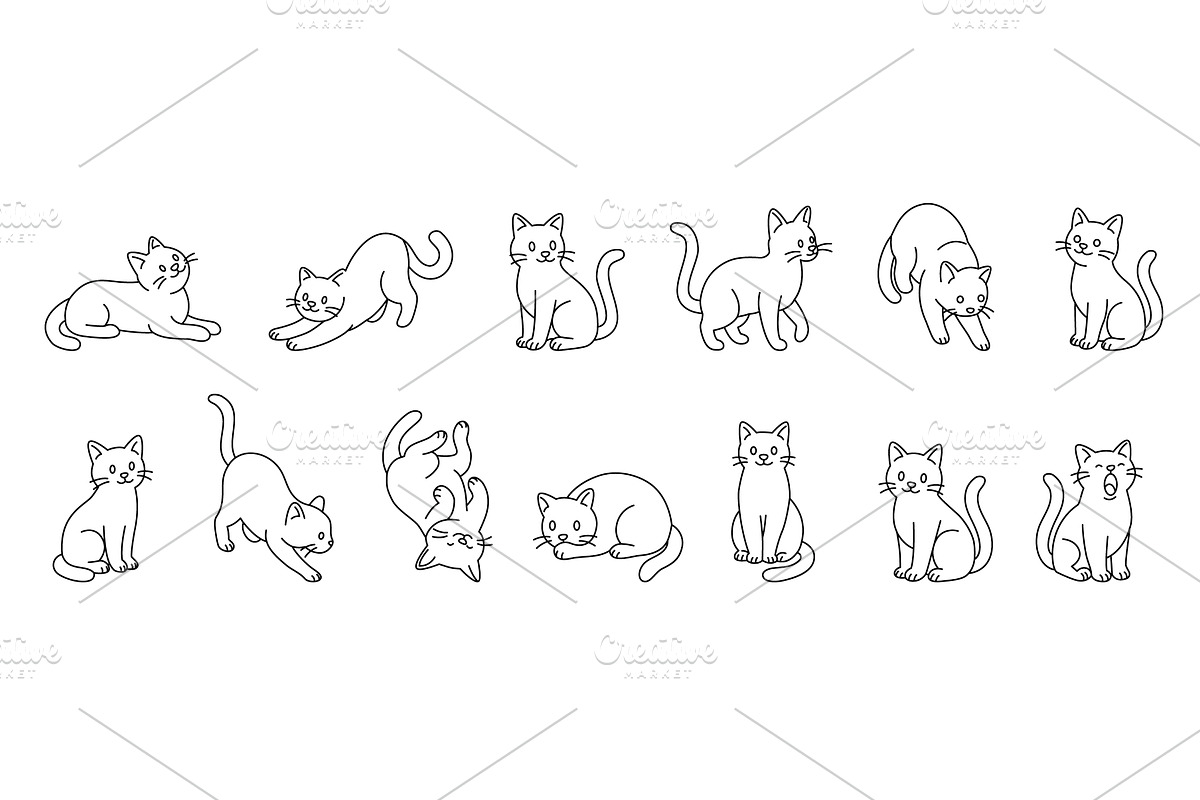 Cute outline cat in various poses, an Animal Illustration by GraphiShop