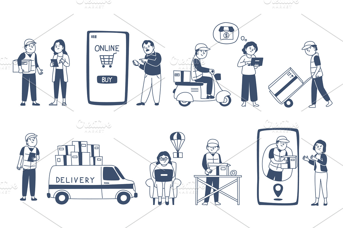 Doodle online shopping characters, a Technology Illustration by LadadikArt