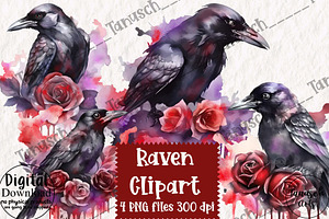 Watercolor Gothic Raven Clipart