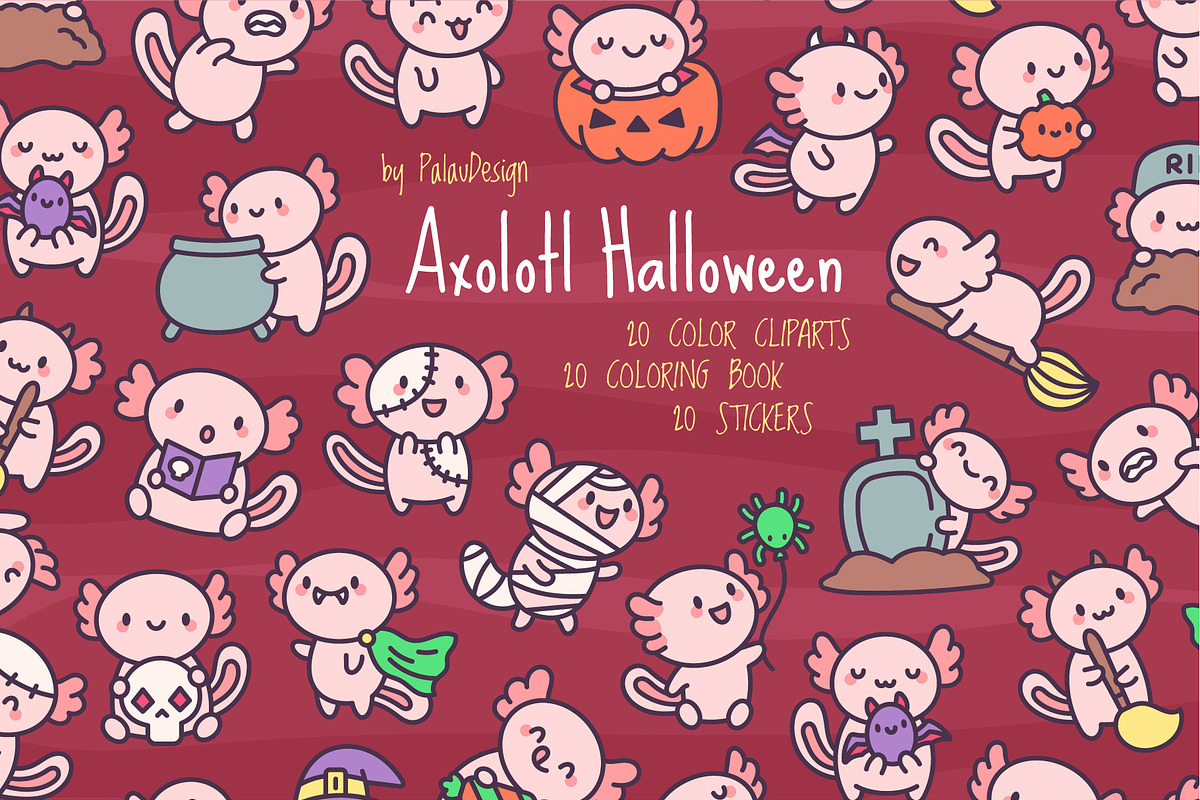 Axolotl Halloween Clipart Set, a Seasonal Illustration by Palau (Photo 1 of 12)