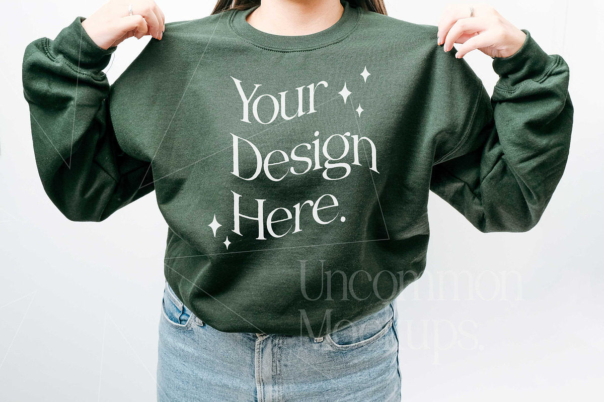 Forest Green Gildan 18000 Mockup x3, a Hoody Mockup by Uncommon Mockups (Photo 5 of 6)