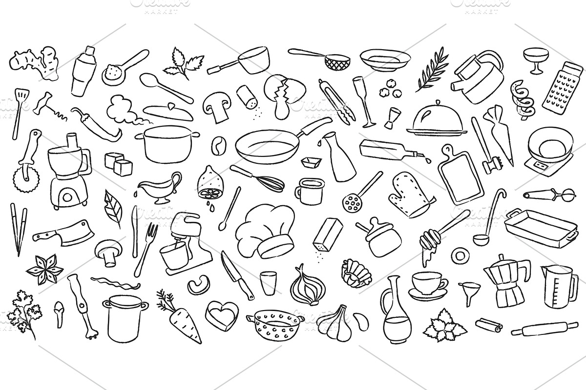 Kitchen cook doodle utensil and food, a Food Illustration by winwin.art