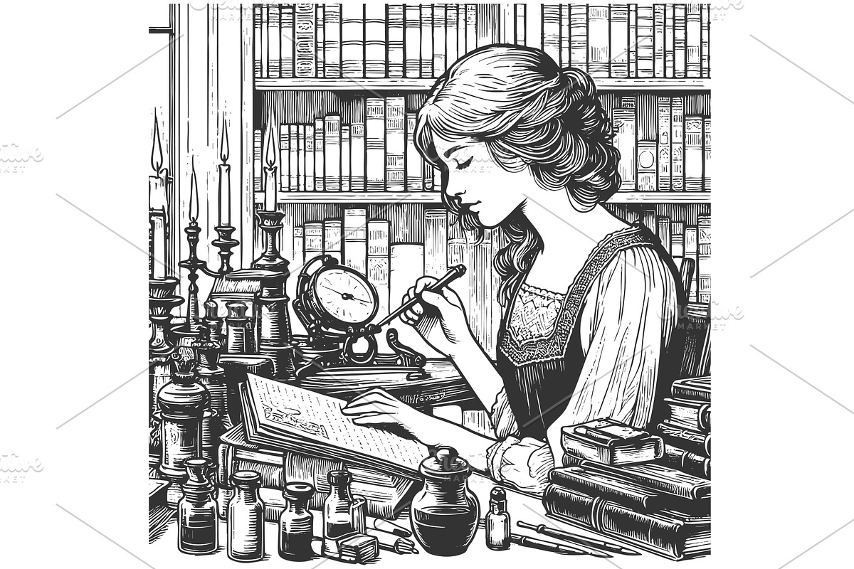 woman writing in study with books, a Person Illustration by AlexArt